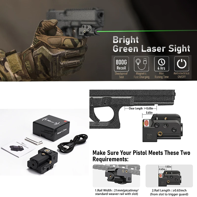 

EZshoot Laser Sight Rechargeable Green Laser Sight for Pistol Compact Low Profile with Ambidextrous ON/Off Switch for Hunting