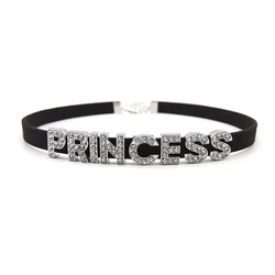 Rhinestone PRINCESS Letter Choker Necklaces for Women Girls Fashion Black Velvet Leather Collar Party Club Goth Jewelry Gifts