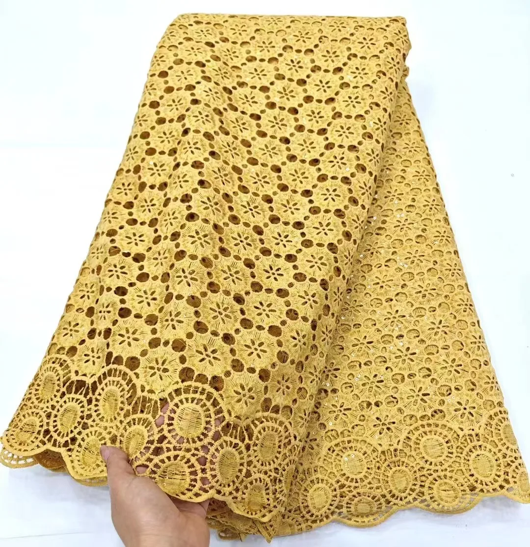 

2024 Fashion Elegant Embroidery YELLOW Water-Soluble Cord Lace Fabric African Nigerian With Sequins Fabric For Wedding Dress