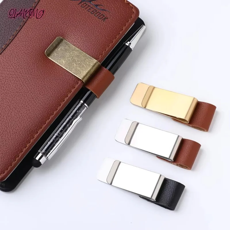 QIANKONG Convenient Metal Brass Pen Folder Notebook Holder Handmade Leather Stainless Steel Clips Stationery Office Accessories