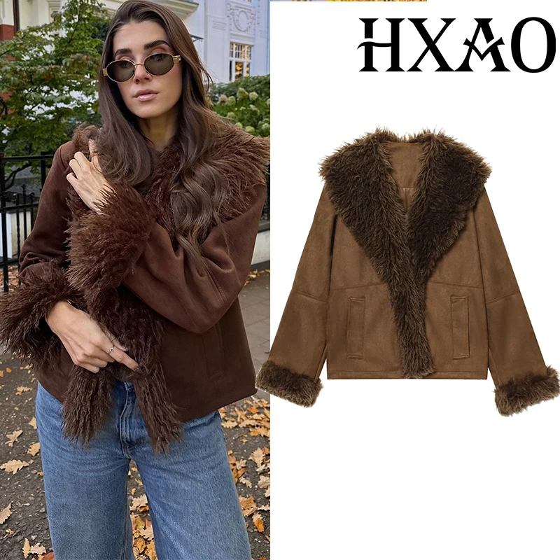 HXAO Women's Coat Cropped Faux Fur Coat Autumn Winter Warm Hairy Brown Jacket Women Long Sleeve Elegant Luxury Coat Ladies