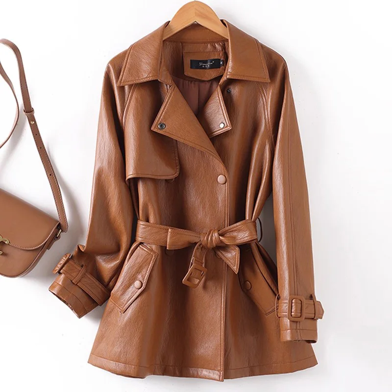 Trench corto da donna in pelle crosta nuova, colletto alla moda autunnale, doppio petto, vita sottile con cintura, cappotto in pelle casual