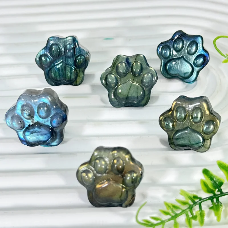 Natural Labradorite Flash Cat Paw Figurine Blue Moonstone Crystal Cute Pet Claw Ornament Desktop Charming Home Decoration Gifts