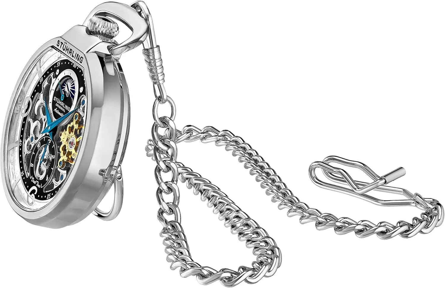 ساعة جيب هيكل عظمي أوتوماتيكية للرجال مع توقيت مزدوج وسلسلة من الفولاذ المقاوم للصدأ - قرص Sun Moon Subdial