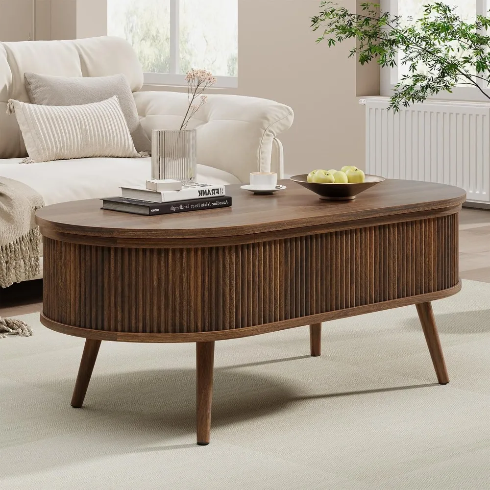 طاولة قهوة بيضاوية من العصور الوسطى، وطاولة مركزية مخددة مع سقف قابل للتعديل، ومساحة تخزين لغرفة المعيشة والمكتب المنزلي #6