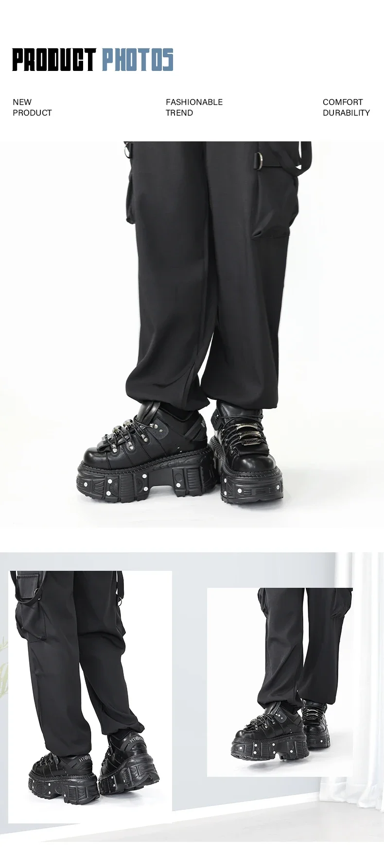 2026 Neue Punk-Style Damenschuhe Schnürschuhe mit 6 cm Absatzhöhe Plateauschuhe Damen Gothic Knöchelstiefel Rock-Stiefel mit Metallverzierung Damen-Sneaker – Detail 4