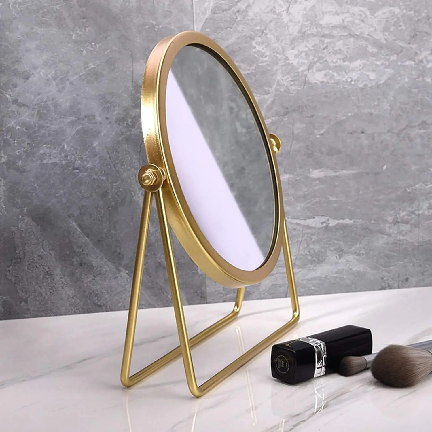 Iron Tabletop Makeup Mirror, Round Swivel Desktop Stand Mirror, 360°Rotation One-Sided Dressing Table Mirror