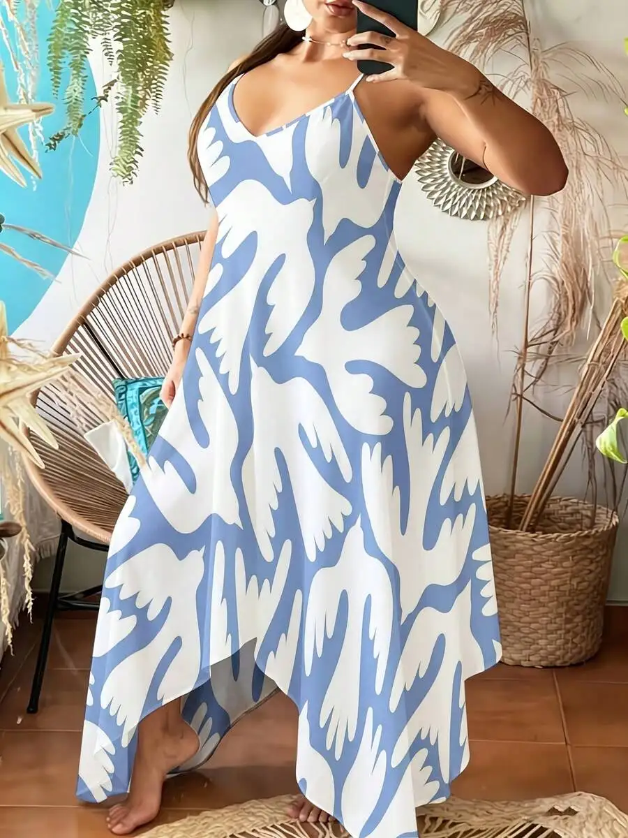 

Sleeveless V Neck Maxi Dress With Abstract Print Boho Style Irregular Hem Summer Beach Wear For Women