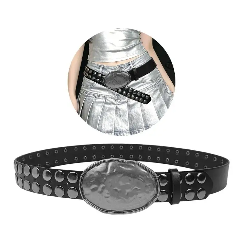 

A52E Stylish Studded PU Leather Sash Metal Pin Clasp Adjustable Length Waist Strap
