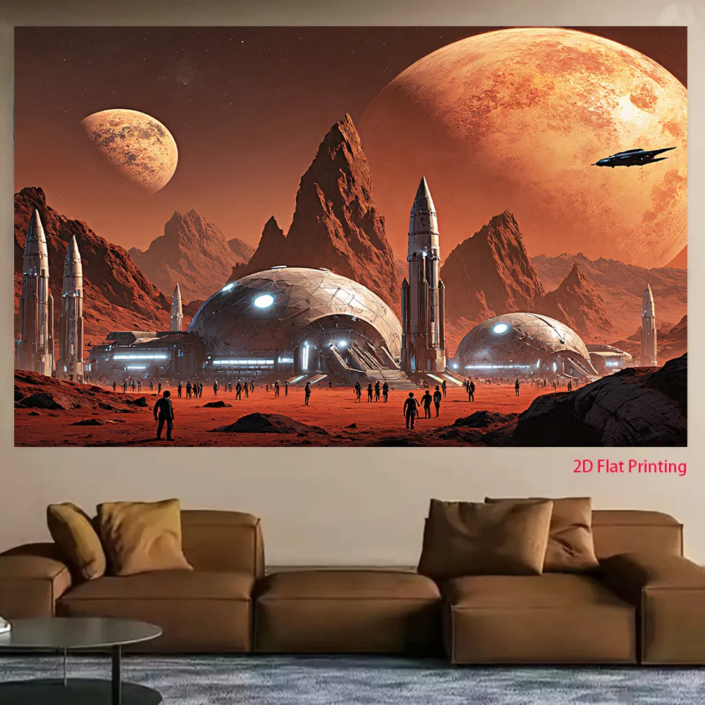 Mars Colony Space Base Tapestry 2D Flat Wall Hanging Rocket Planet SciFi Decor for Boys Room Bedroom Future Art Fabric Poster