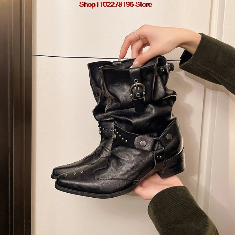 Women Studded Pointed Toe Autumn cowboy Boots Punk Rock Chunky Heel Over Middle Tube Fashion Boots Streetwear Fashion Shoes
