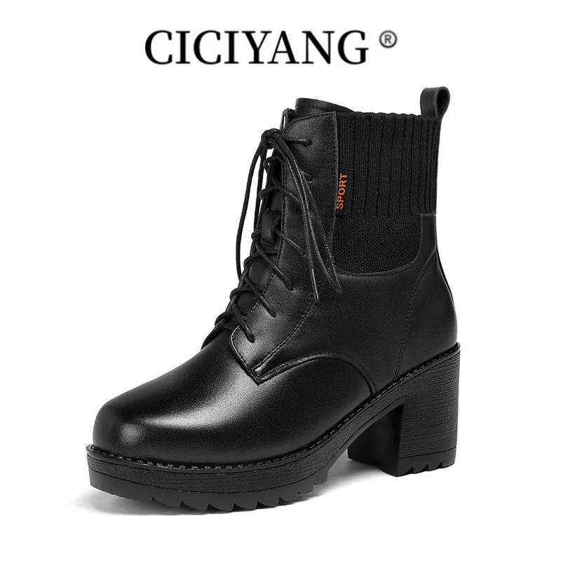 CICIYANG Women Ankle Boots 2023 New Genuine Leather Women Winter Boots Wool Warm Women Martn Boots High-heeled Women Snow Boots