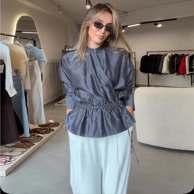 Damen Oversize-Bluse Langarm mit seitlicher Knopfleiste und Kordelzug in der Taille, plissiertes Hemd, modische Büro- und Party-Oberteile, einfarbig, locker geschnitten – Detail 15