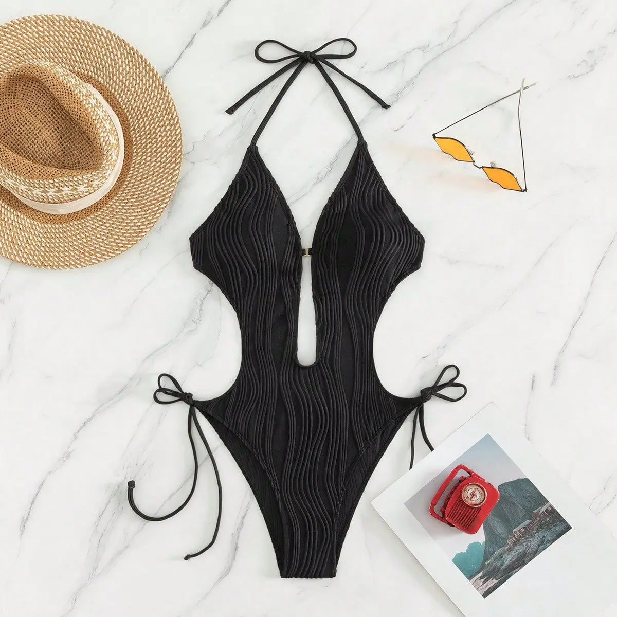 Cikini-Maillot de bain dos nu à nouer sur le côté pour femme, monochrome, maillot de plage, maillot de bain, été