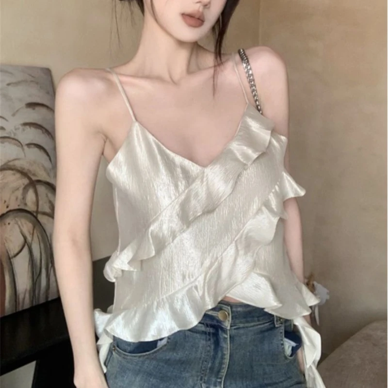 

Sexy Spice Girl Flounced Low-necked Suspender Vest 2025 Summer Design Slim Backless Women's Top