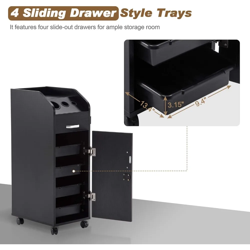 عربة تخزين لصالونات التجميل من BarberPub، حامل مجفف الشعر، معدات مصفف الشعر مع عجلات دوارة قابلة للقفل، درج (أسود)