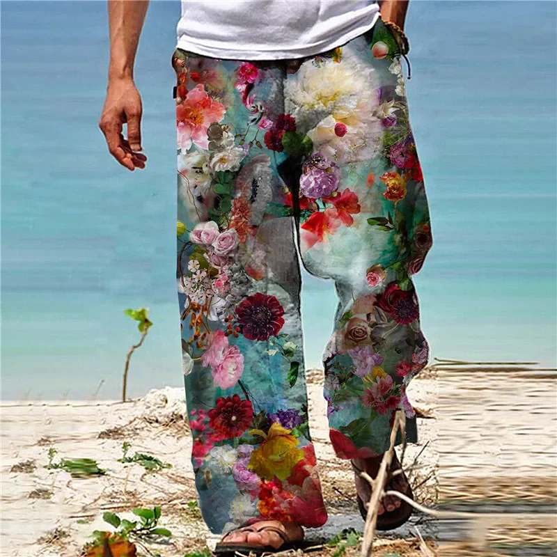 2025 Summer Men's Vintage Floral 3D Printed Wide Leg Pants, Hawaiian Style Casual Loose Beach Vacation Trousers