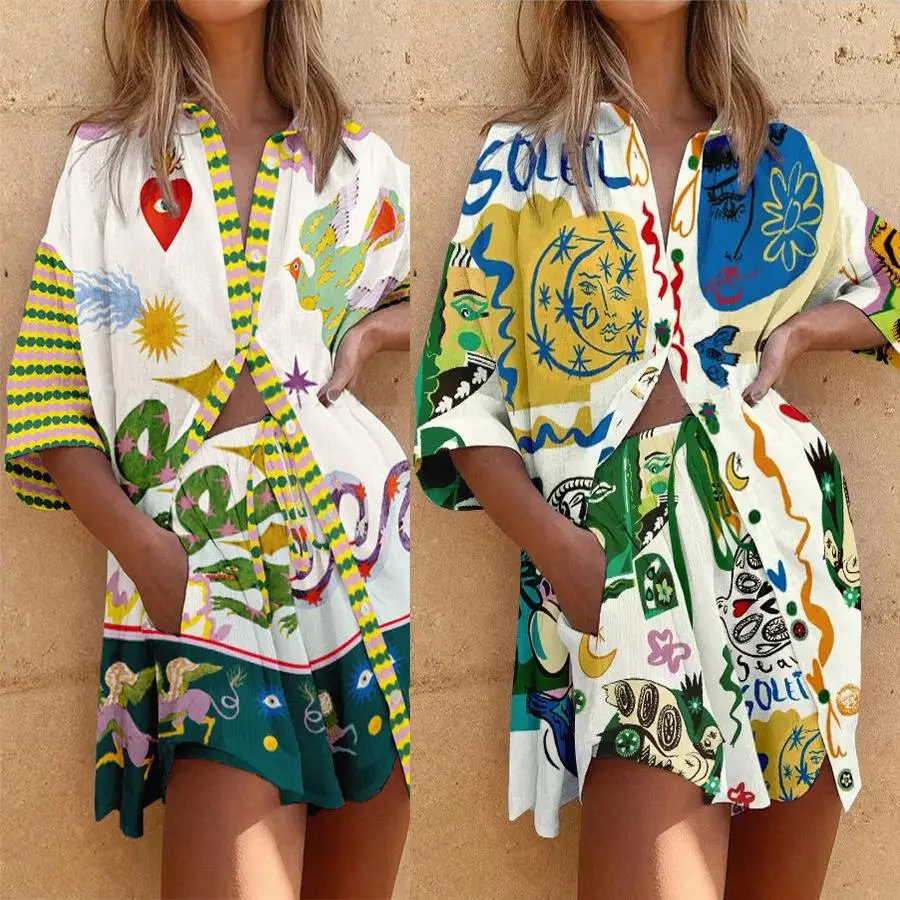 

Women's Short Sleeve Shirt Set with Pockets Casual Style Three-Piece Suit for Two Winter Fashion Outfit Animal Pattern