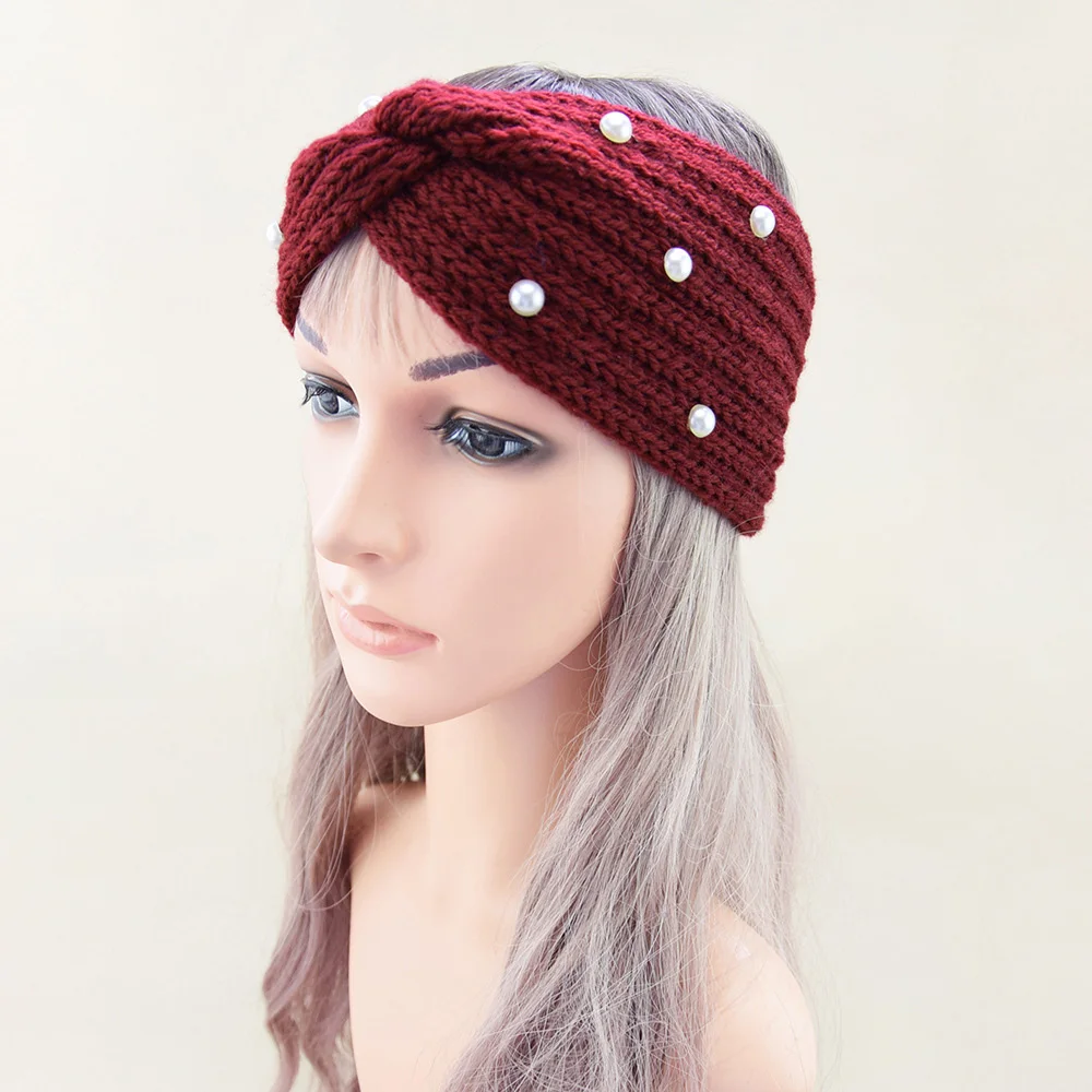 Women Wide Knitted Cross Pearl Headbands Autumn Winter New Warm Solid Hairband Ear Warmer Girls Elastic Sports Turban Headwrap