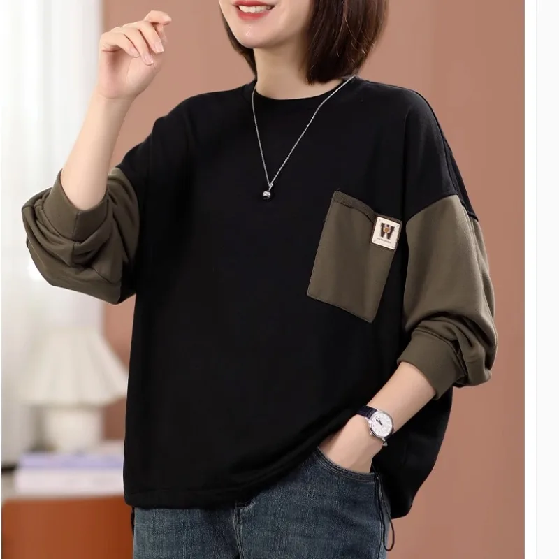 Women\'s Korean Casual Round Neck Hoodies Color-blocked Long Sleeve Autumn Winter 2023 Fashion Patchwork Pocket Pullover Tops