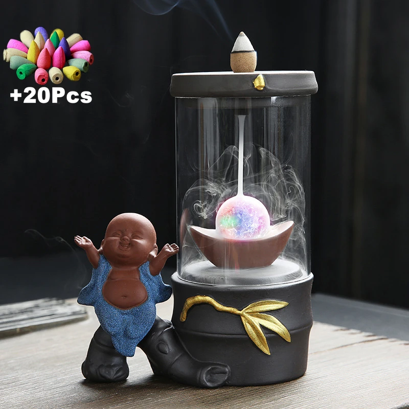 Incense Cones Purple Clay Peaceful Lucky Bamboo Zen Monk Led Backflow Hand Gift FengShui Ornament