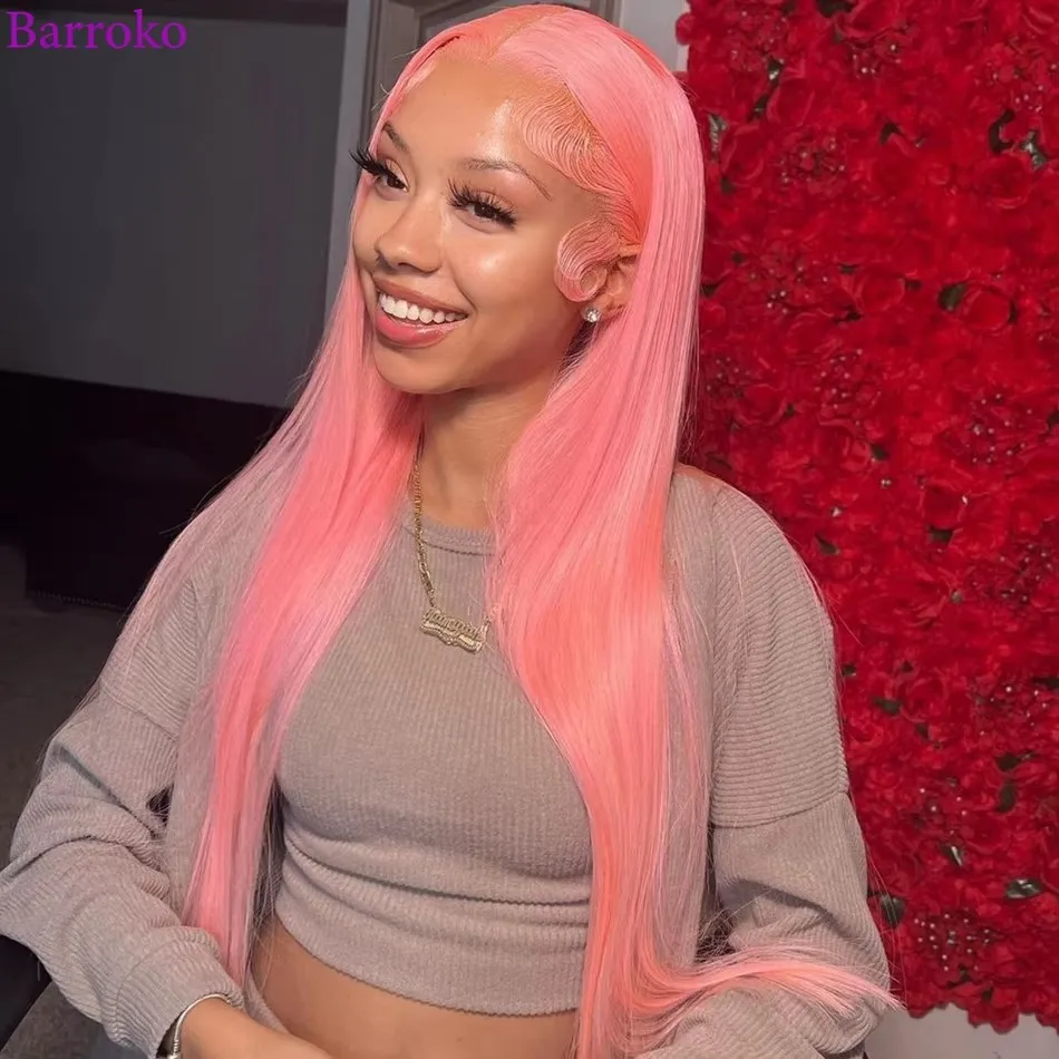 

Barroko Pink Colored 13X6 Lace Frontal Wigs 100％ Human Hair Straight Transparent 5x5 Lace Wig For Black Women Pre Plucked Hair