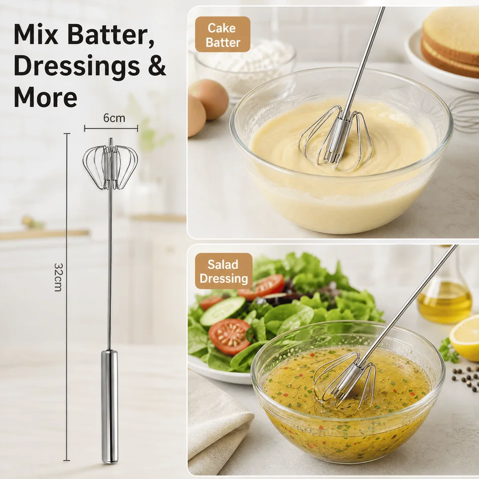 Stainless Steel Semi-automatic Whisk 32cm Hand Push Rotary Egg Beater Mixer 1Pc Kitchen Tool for Egg Cream Milk Frothing, image 6