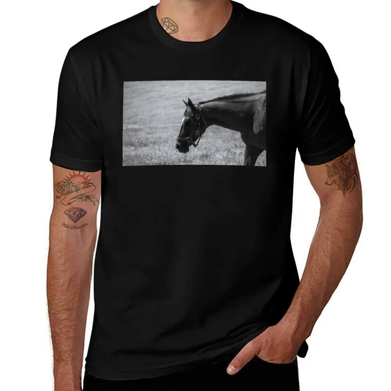 

A black-and-white portrait of a horse T-Shirt summer tops cotton graphic tees anime t shirts t shirts for men graphic