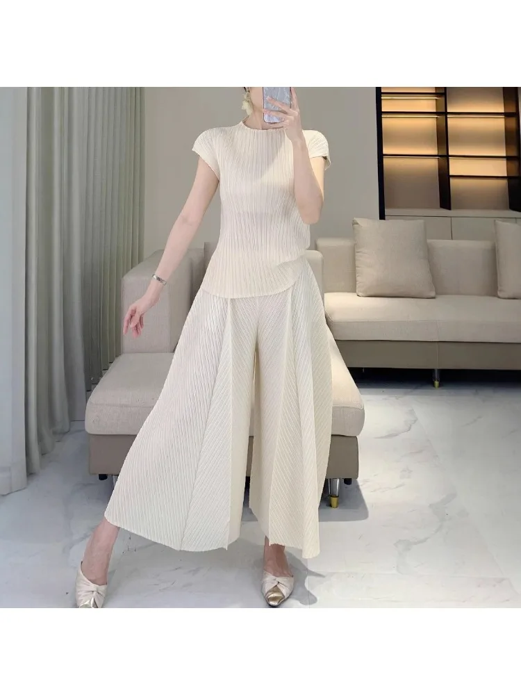 

Miyake Women's Set Summer Thin Tight T-shirt Fashion Wide Leg Pants 2-piece Set Solid Color Casual Commuter Versatile
