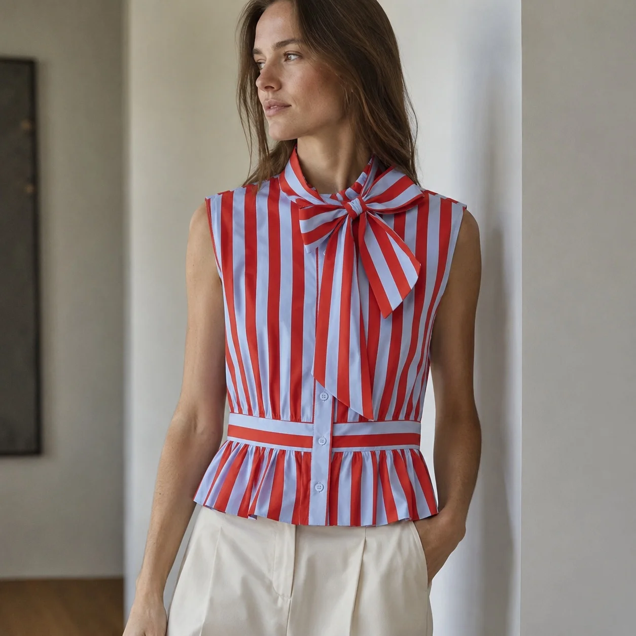 Blusa Feminina Listrada com Laço, Sem Mangas, Gola Alta, Babados, Estilo Peplum, Vintage Chique, Cintura Fina, Verão