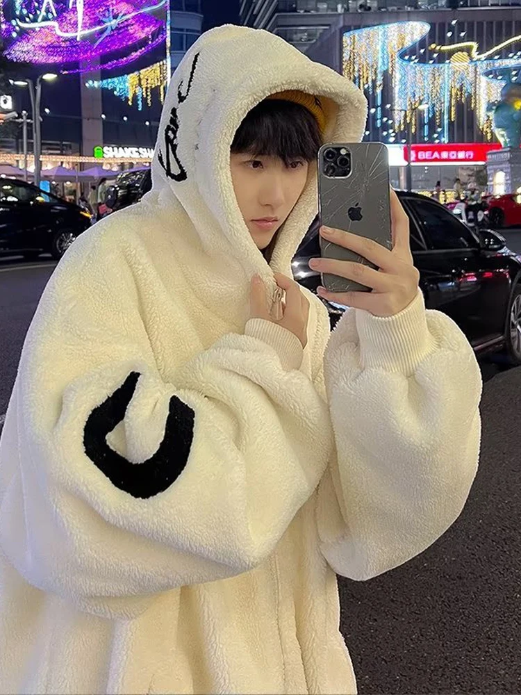 

Lamb Fur Hooded Jaet Men's Winter Thiened Warm Cotton Coat Loose Cold Proof Zipper Closure Stand Fit Long Sve Youth...