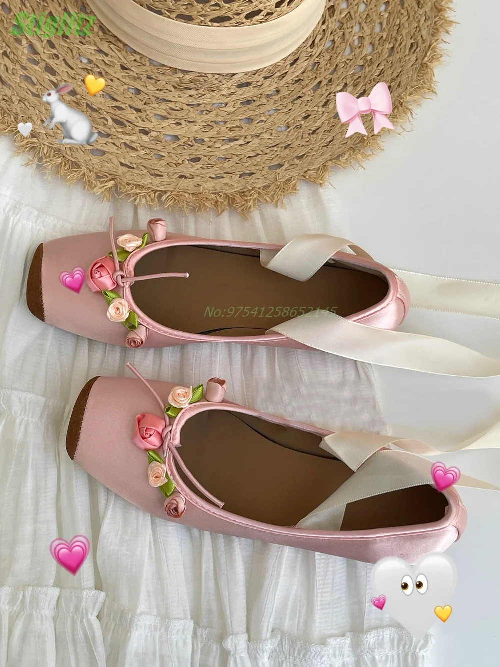 Satin Sweet Pink Pumps Patchwork Flower Decoration Cross Lace-up Splicing Mixed Color Square Toe Low Heel Daily Spring Women