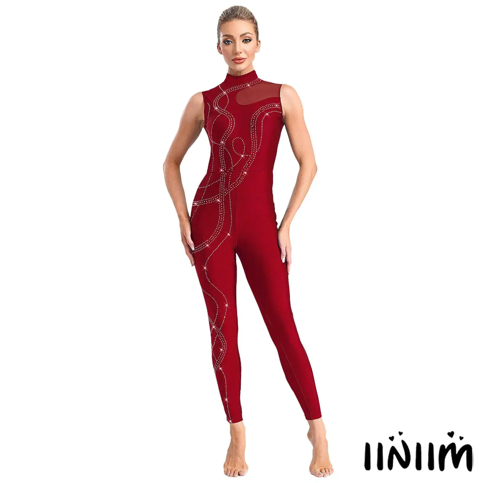 

Shiny Rhinestone Gymnastics Jumpsuit Sleeveless Mesh Leotard with Keyhole Back for Women's Figure Skating Dance Performance