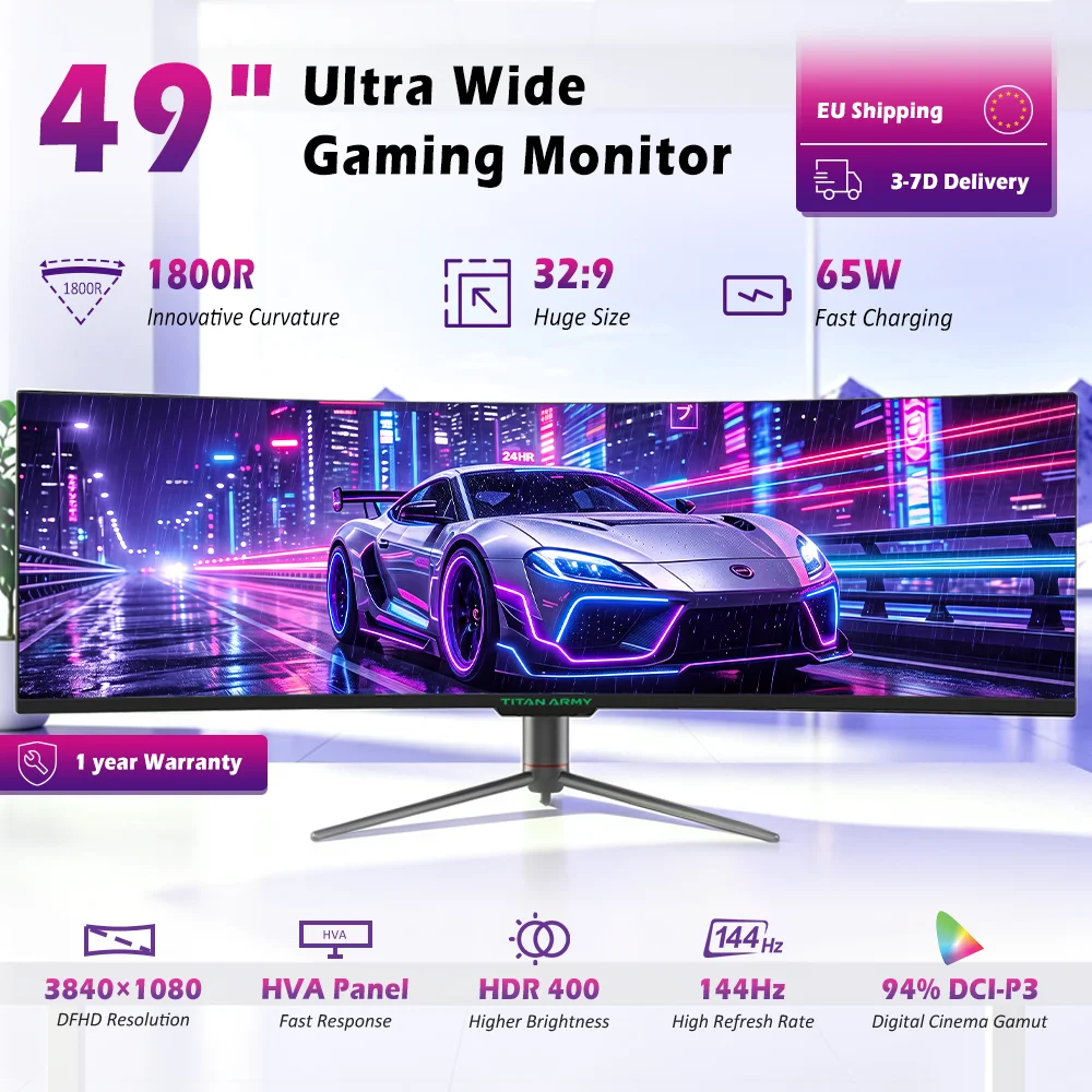 Titan Army C49SHC 49 inch 144Hz Ultrawide Gaming Monitor – 32:9 DFHD 3840×1080, CSOT HVA 1800R Gebogen, 1ms MPRT, Adaptive-Sync, USB-C 65W, RJ45, PIP/PBP, Hoogteverstelbaar, VESA, voor Sim