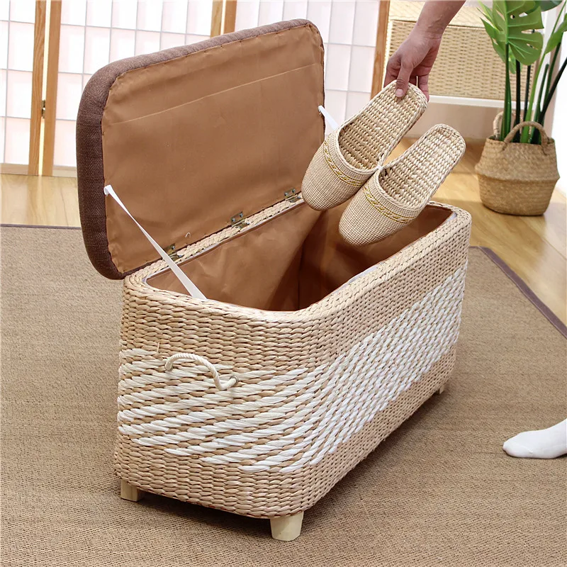 

Тканая скамейка в прихожей с местом для хранения обуви, роскошное пуфик для хранения из ротанга, современное сиденье для прихожей, узкий органайзер для фойе, табуреты