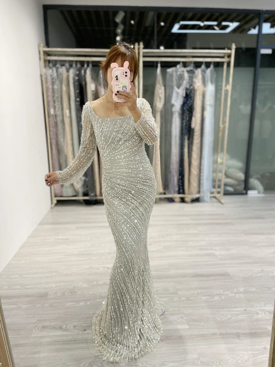 MYMB Mermaid Fitted Long Sleeve Crystal Beading Wedding Party Dress Luxury Overskirt Plus Size Evening Gown MY30026