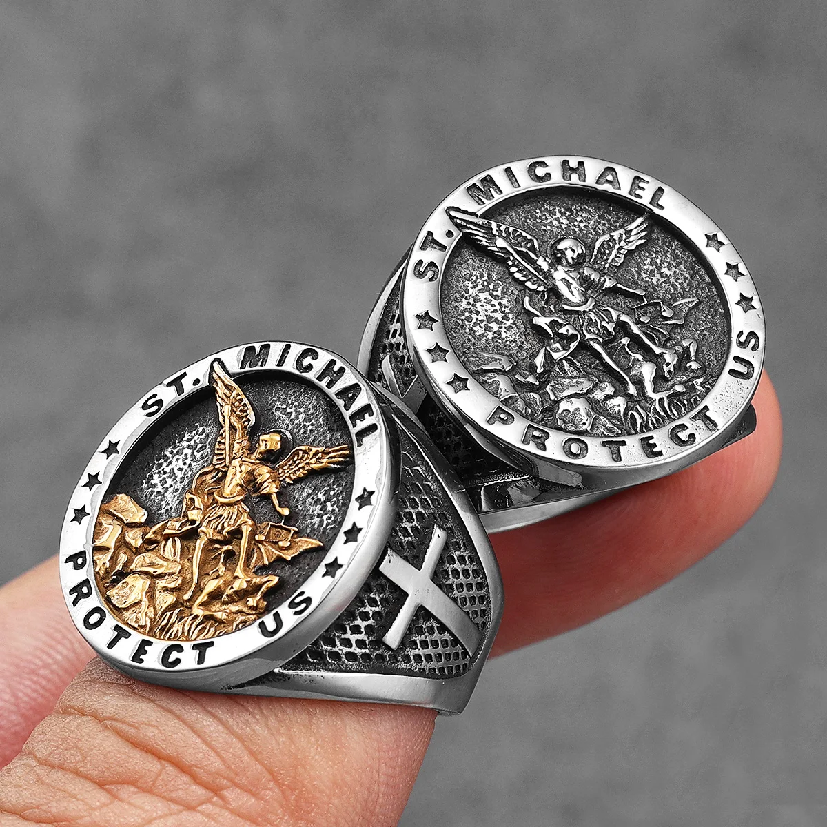 St. Michael St.Benedict exorcisme talismans puissants en acier inoxydable hommes anneaux Punk nouveau pour hommes femmes mode bijoux cadeau