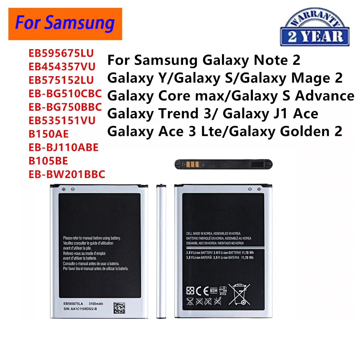 

EB595675LU EB454357VU EB575152LU EB-BJ110ABE Battery For Samsung Galaxy Note 2/core max/Mage 2/Galaxy S Advance/Trend 3