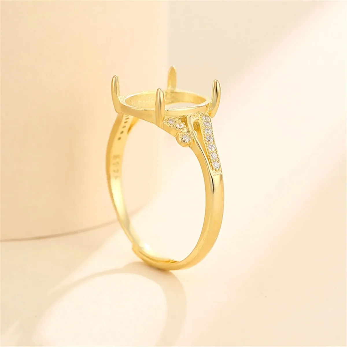 Yellow Gold Plated 925 Silver Zircon Adjustable Ring Setting for 6x8mm/7x9mm/8x10mm/10x12mm/11x15mm Oval Cabochons