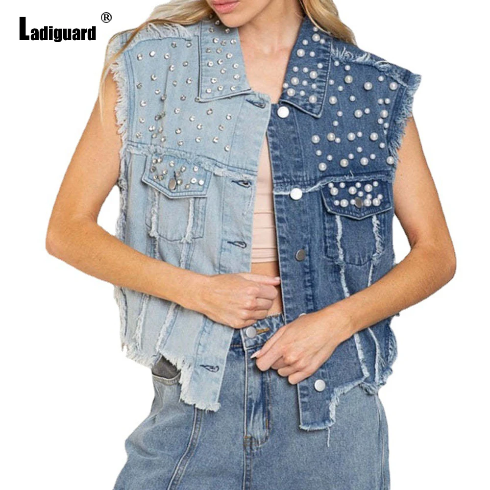 

Women Patchwork Sexy Ripped Denim Vest Jacket Sleeveless Pocket Pearl Beading Demin Jackets 2024 Single Breasted Tops Outerwear