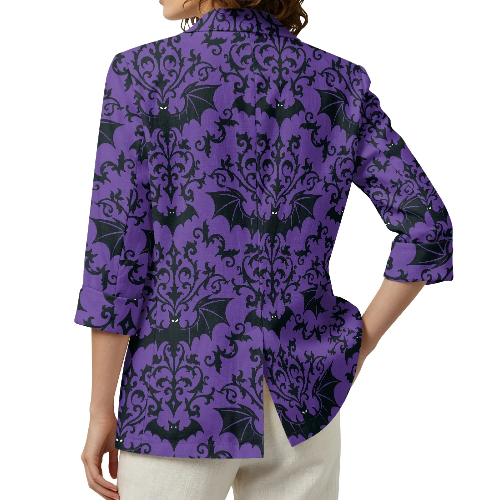PENSTROLL Women Open Front Outerwear Featuring Black Bat Damask, Linen Style Loose Soft Blazer for Beach and Hiking, Sizes S-3XL view 2