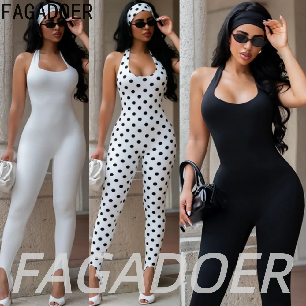 

FAGADOER Cute Polka Dot Print Jumpsuits Fashion Solid Color Bandage Halter Off Shoulder Rompers Women Summer Bodycon Playsuits