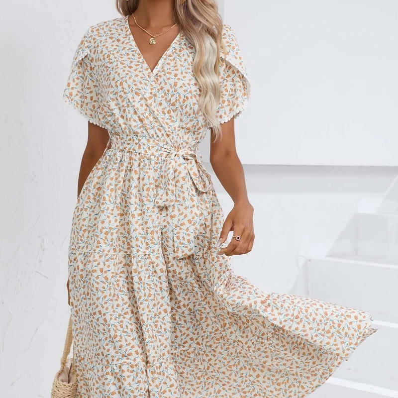 

Elegant Women's Retro Floral Lace-up Maxi Dress Casual Short Sleeves Summer Beach Sundress Vacation Lace V-neck Slit Dresses