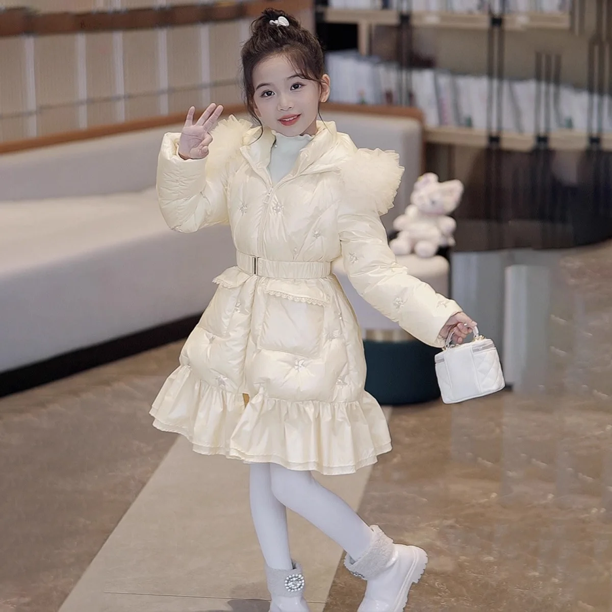 سترة شتوية مطرزة مطرزة للأطفال، أزياء طويلة، ملابس قطنية سميكة ودافئة ولطيفة مع صوف مضاف #2