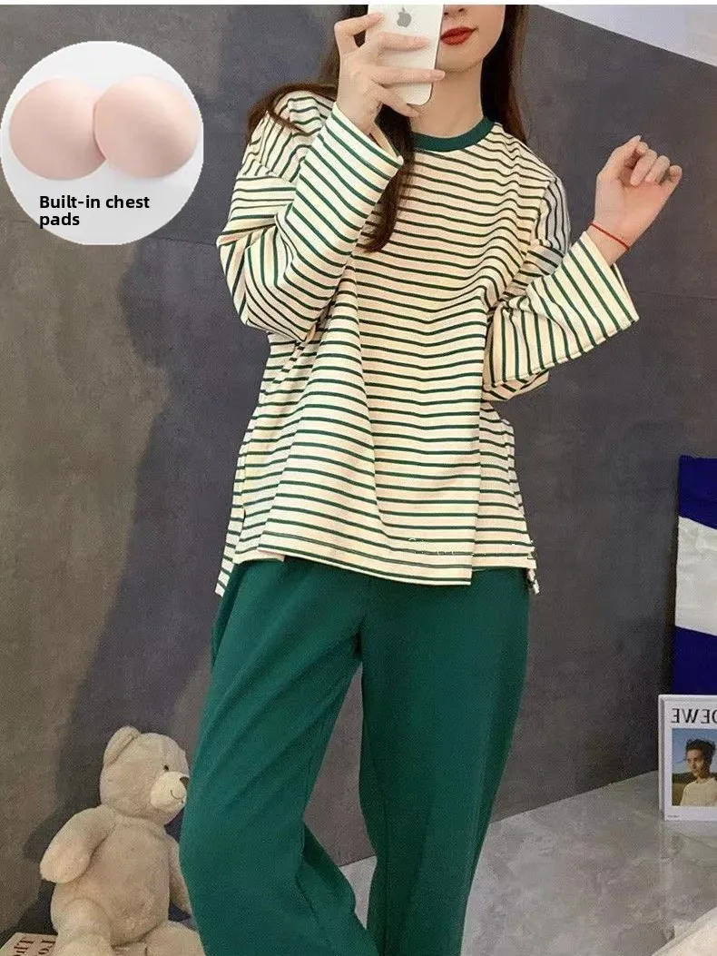 Women's Sleepwear Set with Chest Pad Loose Long Sleeve Home Clothes Black Stripe Pattern Spring Autumn Winter plus Size Outer... 2