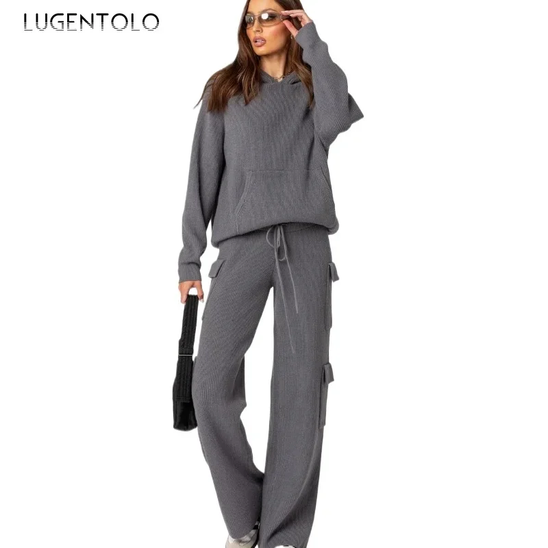 Women Sweater 2-piece Set Solid Color Thickened Knit Fashion Hoodie Drawstring Multi-pocket Wide-leg Pants Elegant Party Outfits