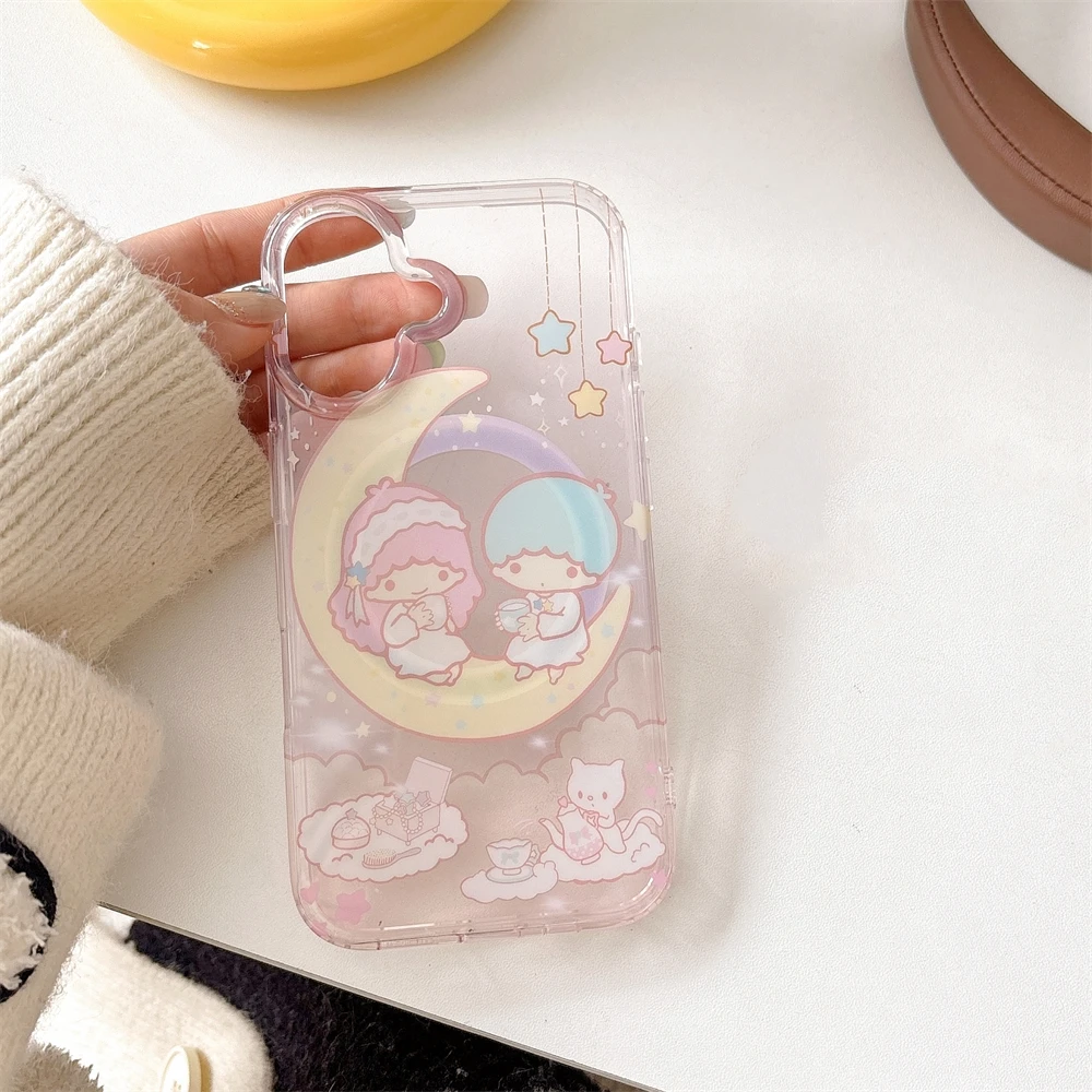 Twin Stars Transparente Cartoon-Hartschale für iPhone 16 13 14 15 Pro Max Magsafe magnetische kabellose Ladeabdeckung