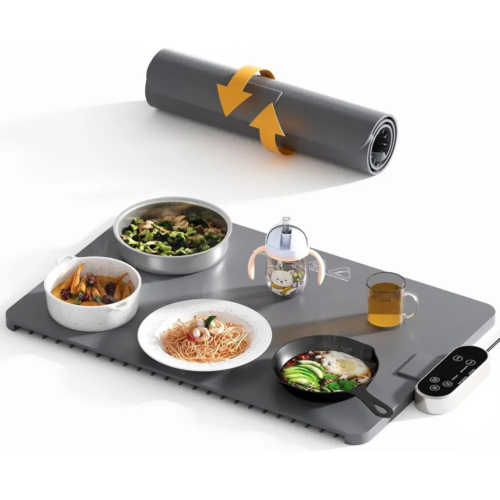 

Silicone Full Surface Heating Warming Mat with 6 Temperature Settings, Timer and Child Lock, Electric Roll Up Food Warmers Tray