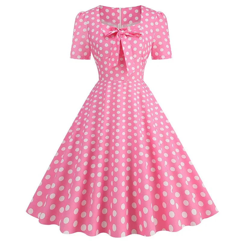 Pink Plaid Vintage Party Dress for Women Square Collar Short Sleeve Casual Summer Elegant Fashion