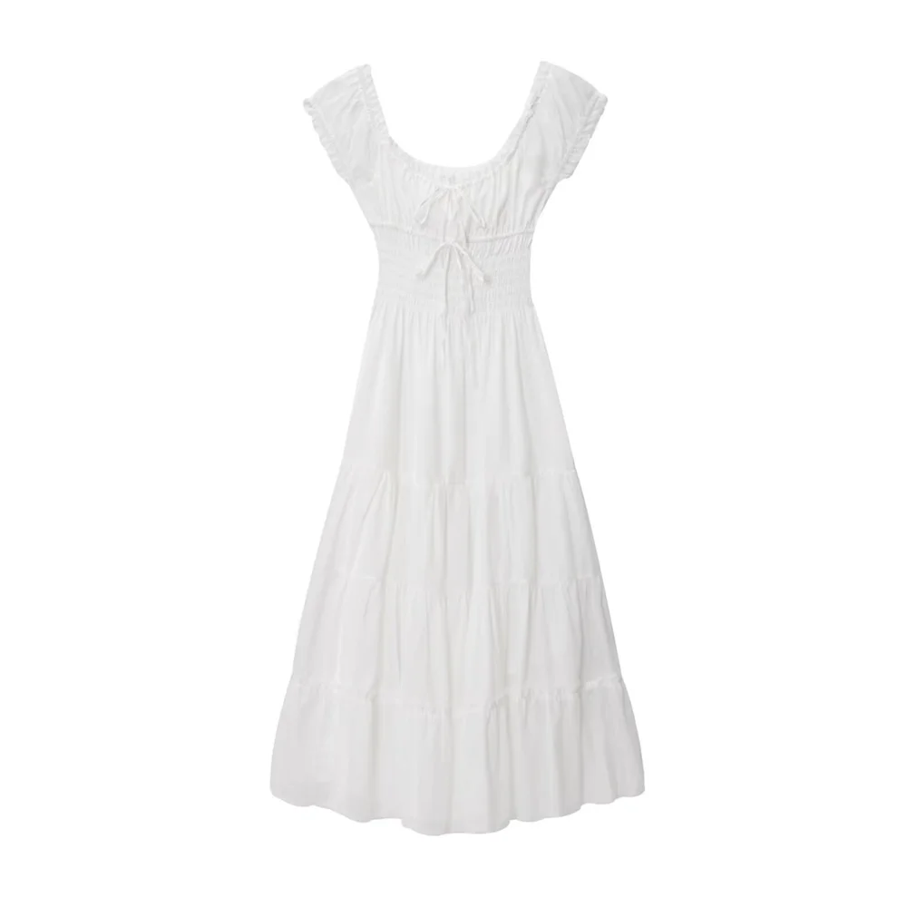 Zomer nieuwe modieuze en casual Franse dubbellaagse puur katoenen lange rok met vierkante hals en taille